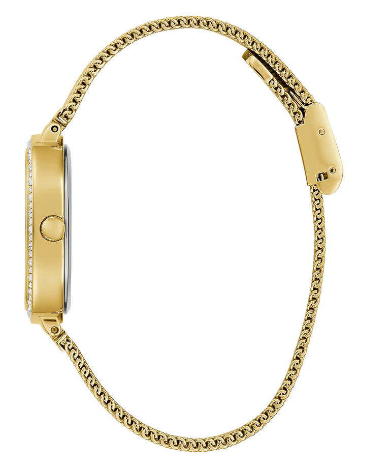 Guess Tapestry watch strap detail showing gold mesh bracelet and clasp