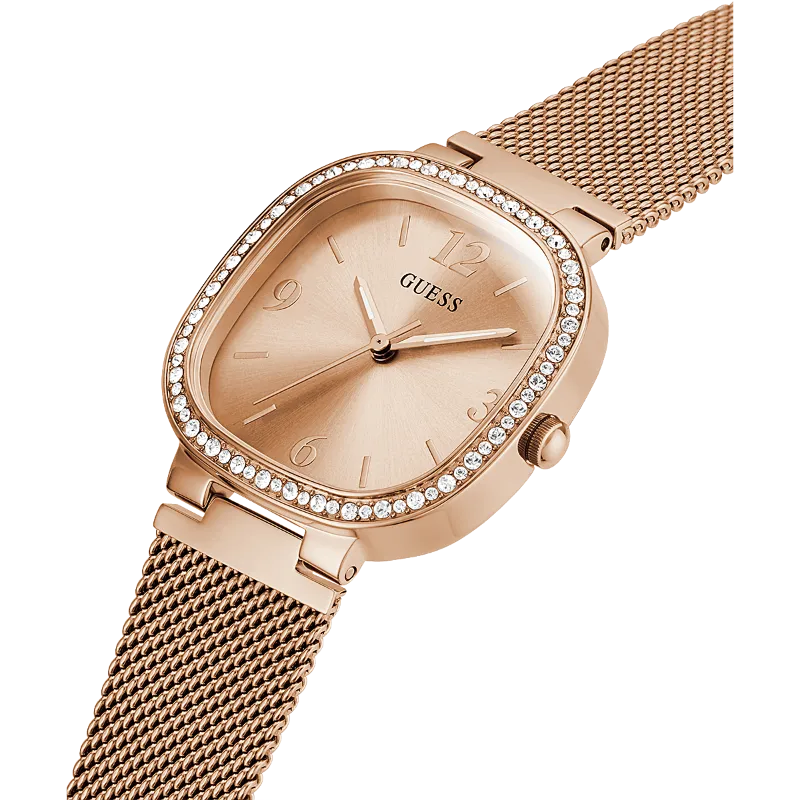 Guess Tapestry rose gold watch angled view showing case, crystal bezel, and mesh band