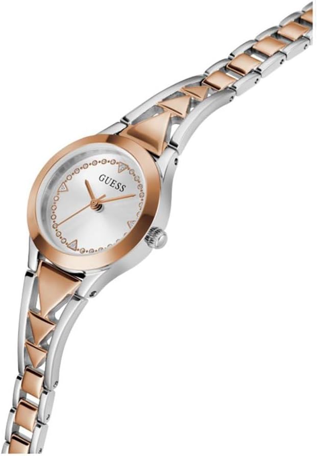 Angled view of Guess Tessa watch displaying case and two-tone bracelet design