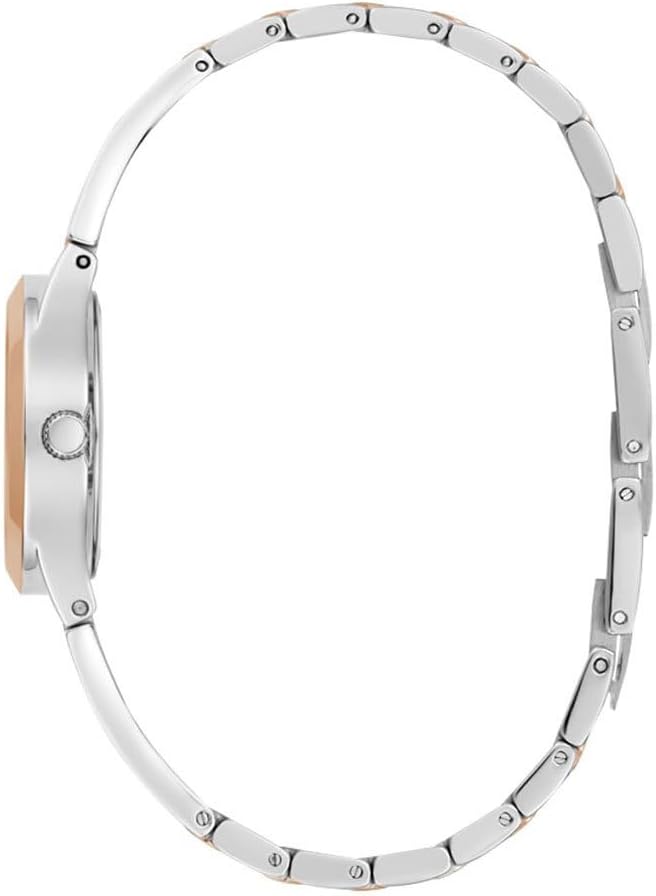 Side view of Guess Tessa watch showing rose gold and silver tone bracelet profile