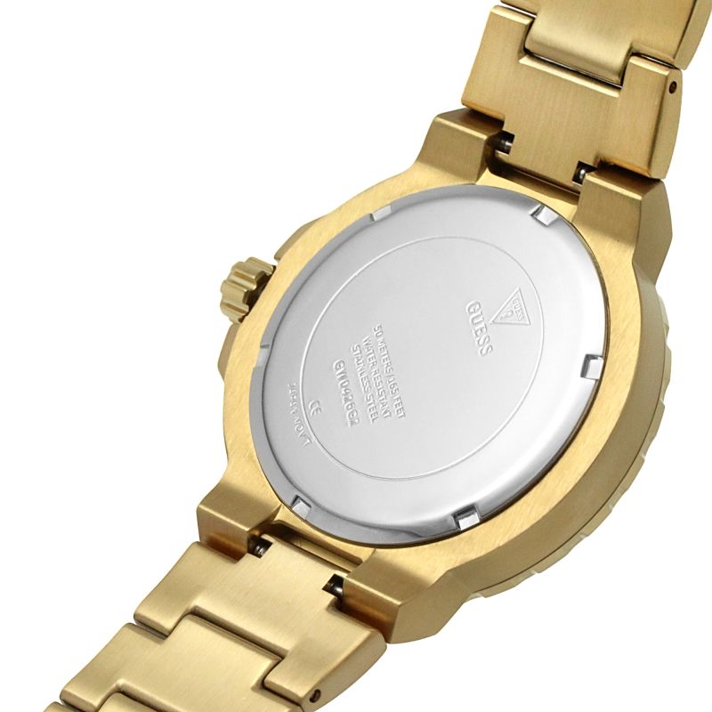 Guess Track caseback with silver finish and model information