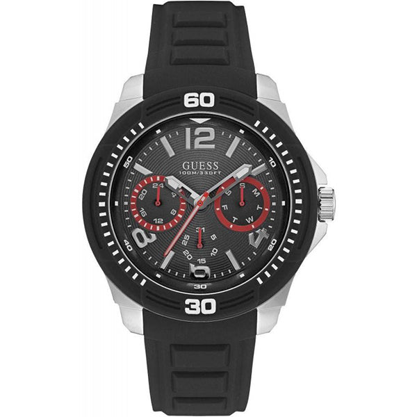 Guess Tread black silicon strap men's watch with silver-tone case and red chronograph subdials