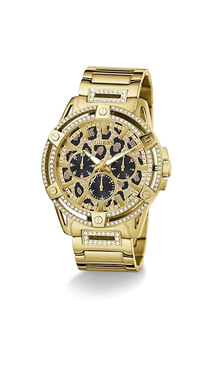 Guess Trend chronograph watch gold tone with animal print dial on three-link bracelet