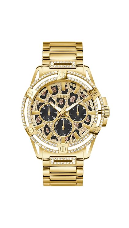 Guess Trend 48mm gold chronograph watch with leopard print dial and crystal bezel