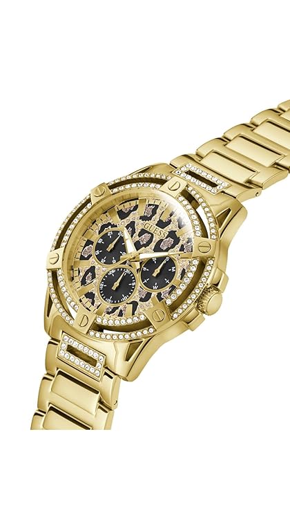 Guess Trend 48mm gold chronograph watch worn on wrist with leopard pattern dial