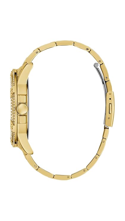 Side view of Guess Trend chronograph watch showing gold bracelet and bezel detail