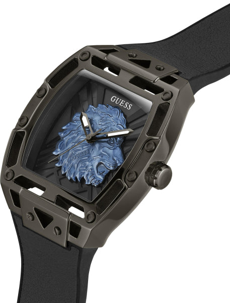 GUESS Trend Tonneau watch angled view showing blue dial and tonneau case