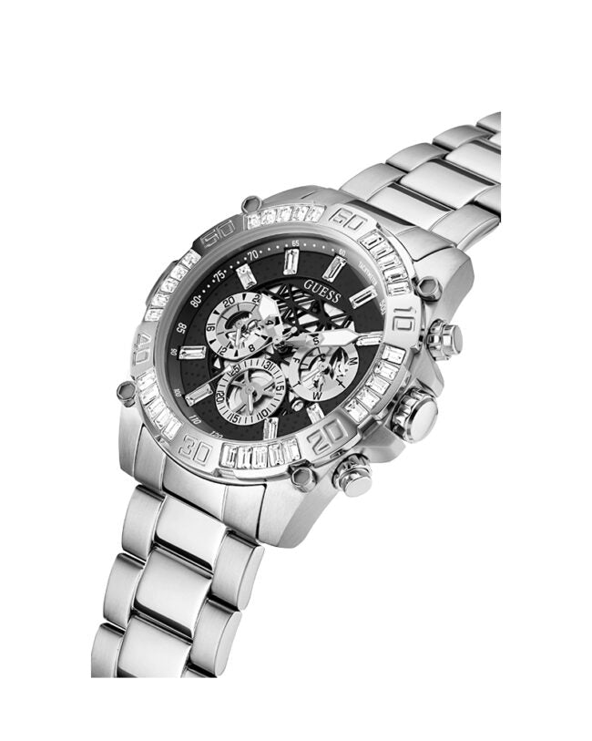 Guess Trophy men's watch shown at three-quarter angle displaying silver metal bracelet and dial