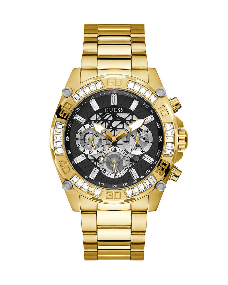Guess Trophy gold tone chronograph watch with black skeleton dial and crystal bezel