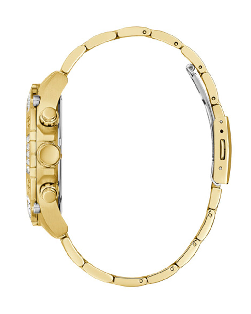 Guess Trophy watch side view showing gold tone case and link bracelet