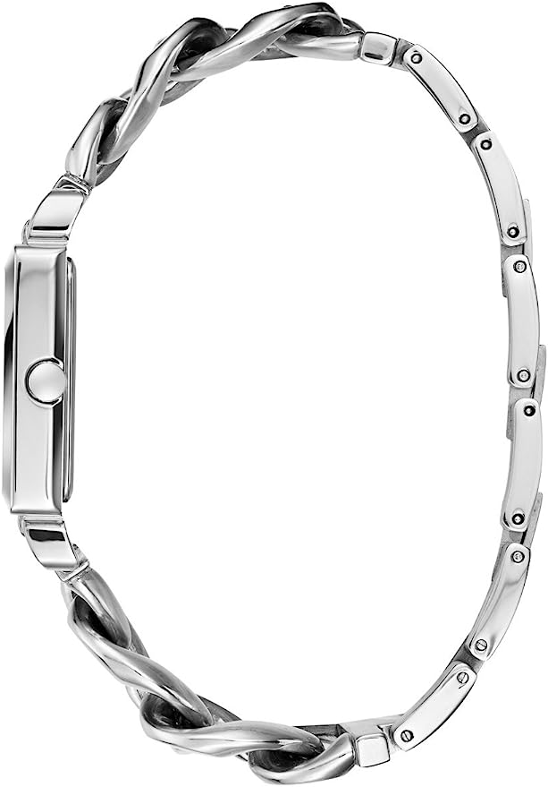 Guess Vanity square watch with twisted link bracelet shown at angle