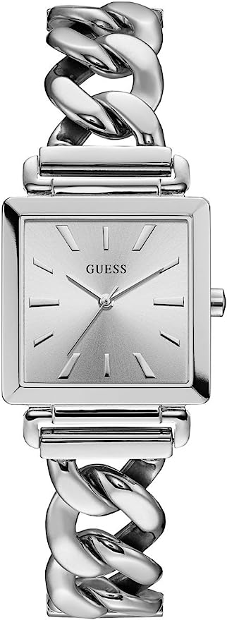 Guess Vanity all-silver square women's watch with twisted link bracelet