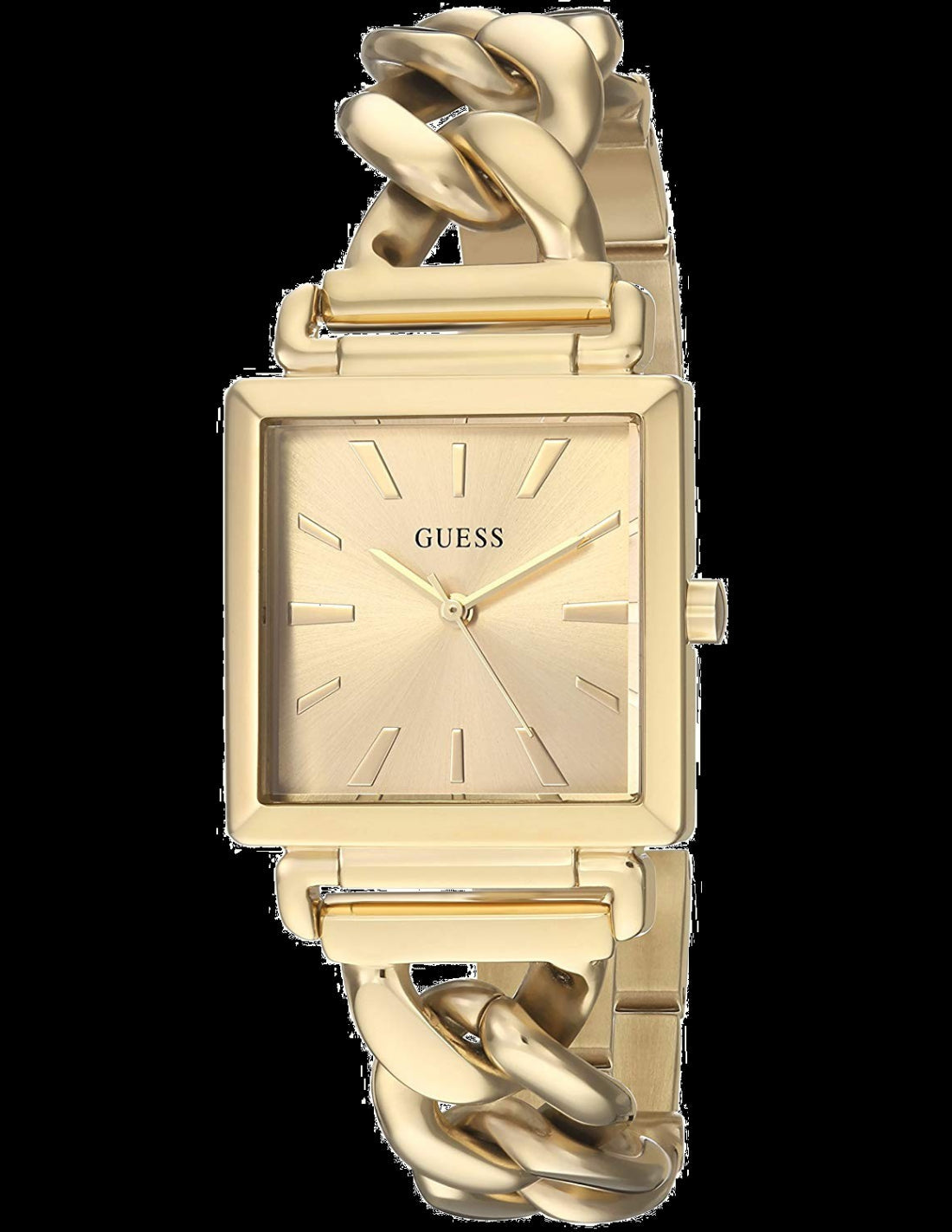 Guess Vanity all gold square women's watch with champagne dial and gold chain-link bracelet