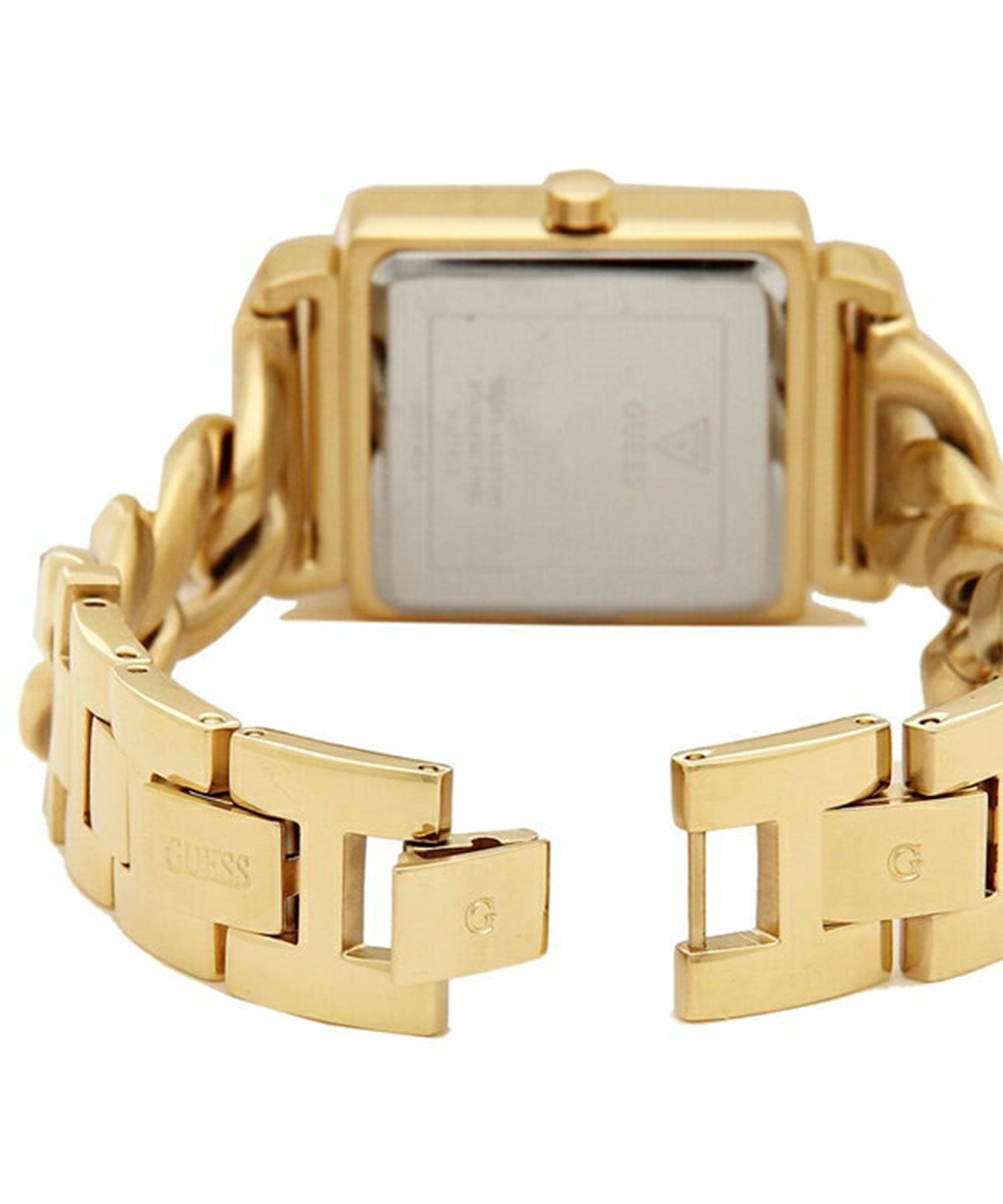 Guess Vanity watch caseback and gold bracelet clasp detail