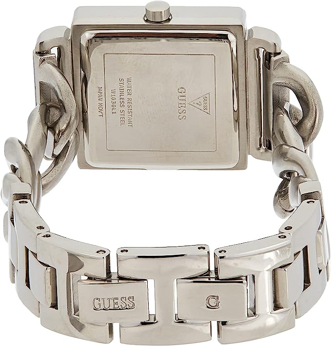Guess Vanity watch caseback with engraved branding and chain bracelet