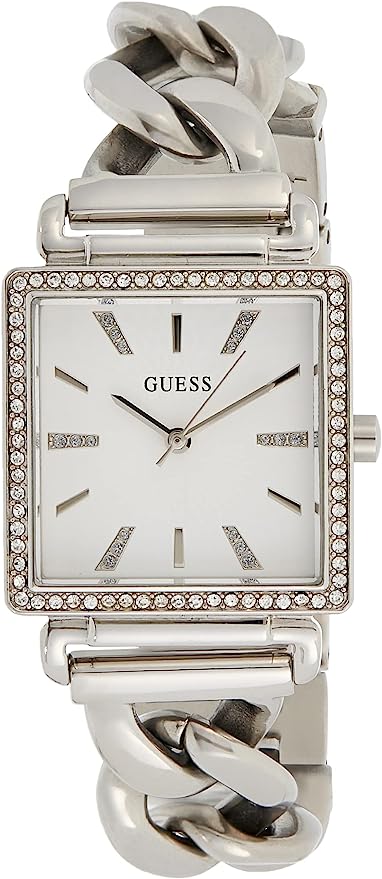 Guess Vanity silver square women's watch with crystal-set bezel and chain bracelet
