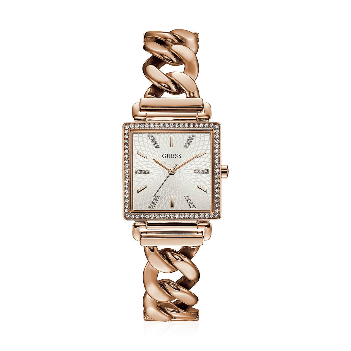 Guess Vanity rose gold square watch with diamond bezel and white dial