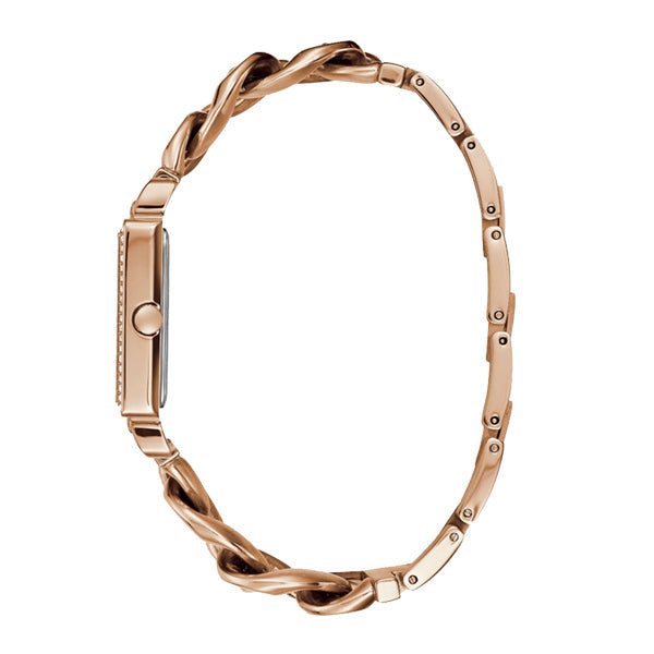 Guess Vanity rose gold chain strap watch displayed on wrist