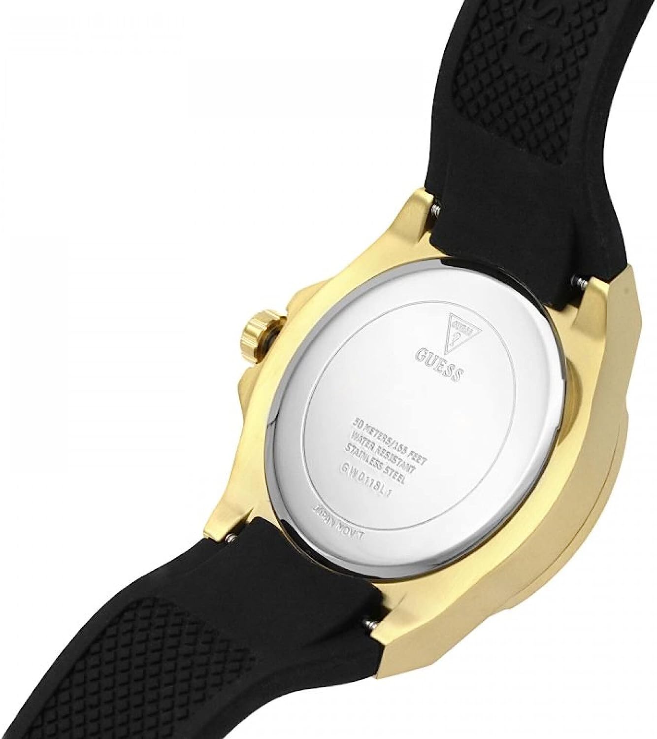 Guess Venus watch caseback showing white dial with Guess branding on black strap