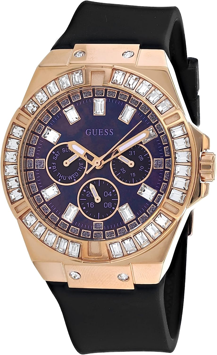 Guess Venus women's watch with rose gold case, crystal bezel, black chronograph dial and black silicone strap