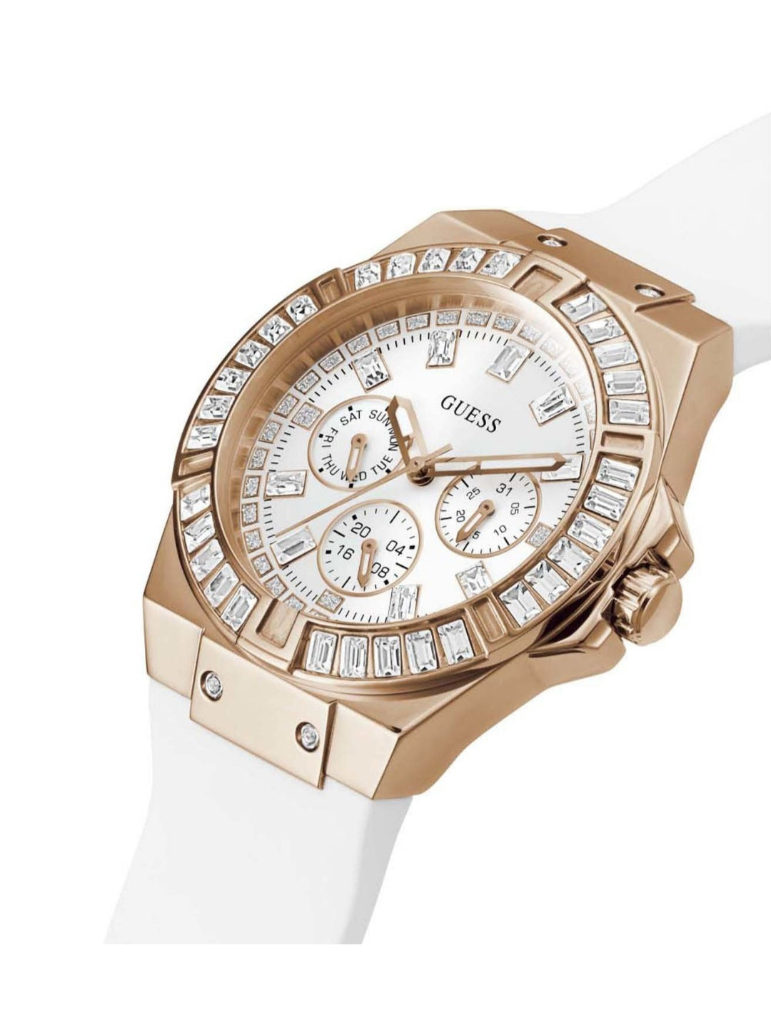 Angled view of Guess Venus rose gold watch with chronograph subdials and white silicone strap