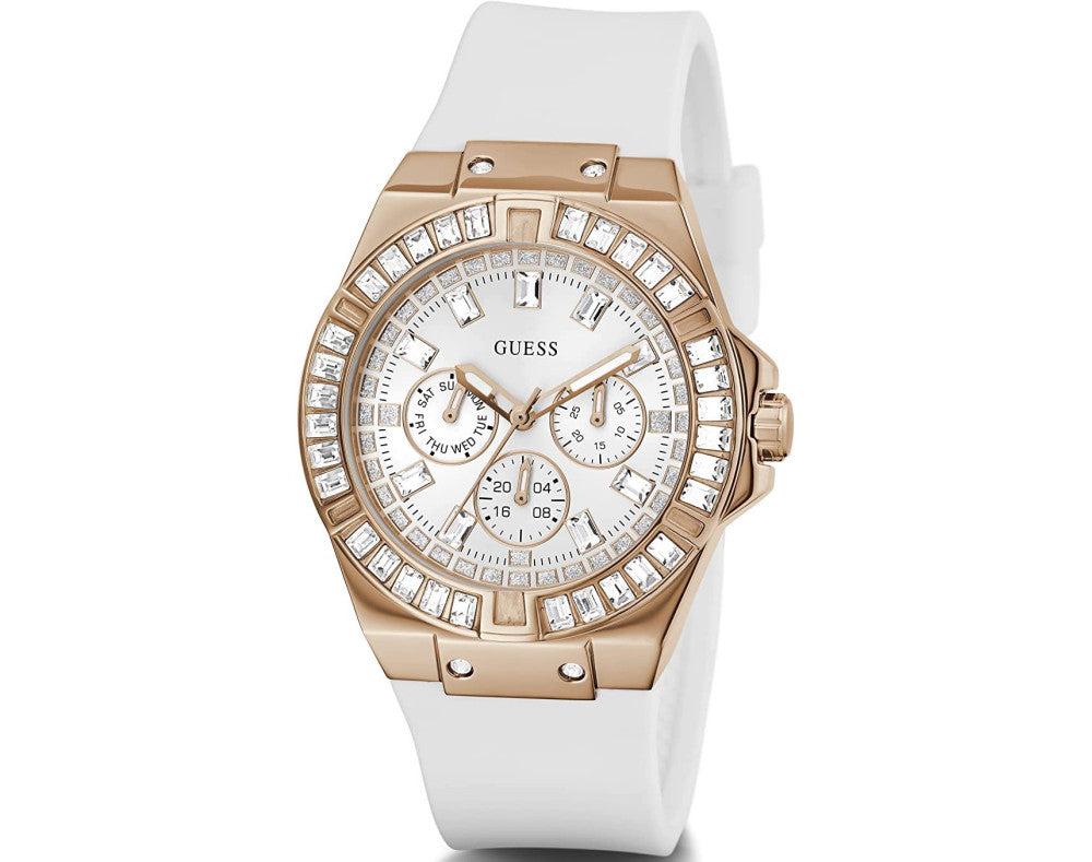 Guess Venus rose gold-tone women's watch with white dial and crystal bezel
