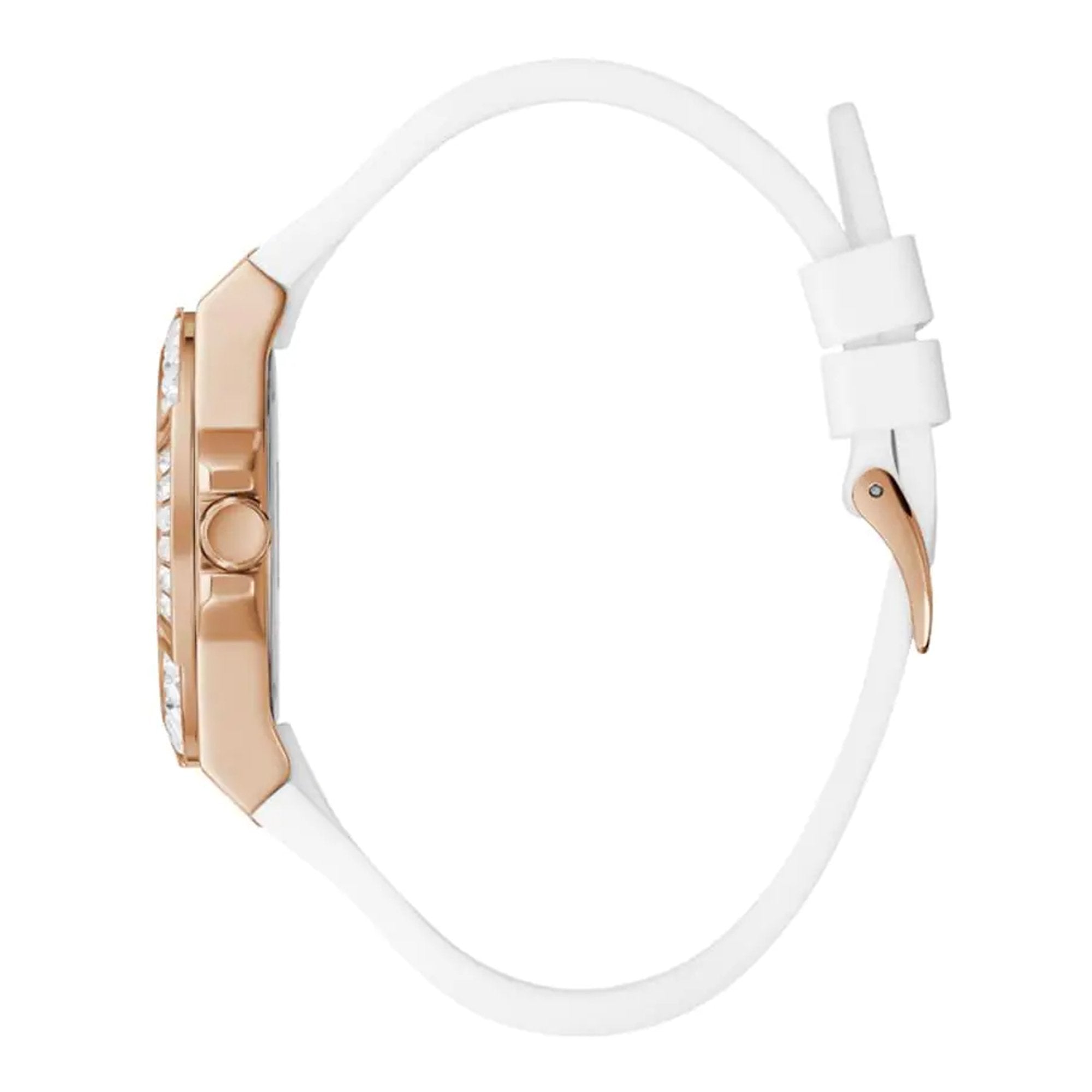 Side view of Guess Venus watch showing rose gold case and white silicone band
