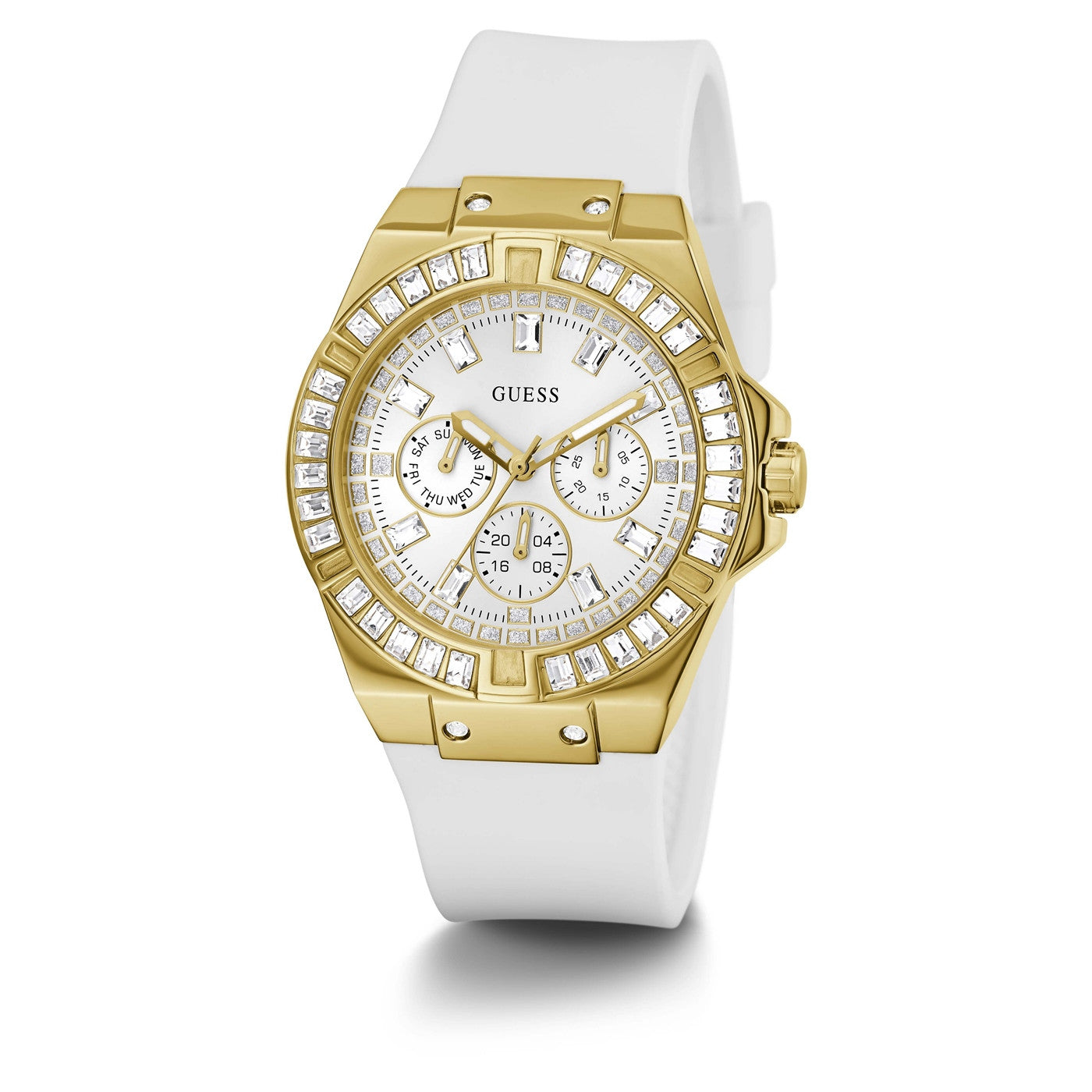 Guess Venus women's watch with gold-tone case, crystal-set bezel, white dial, and white silicone strap