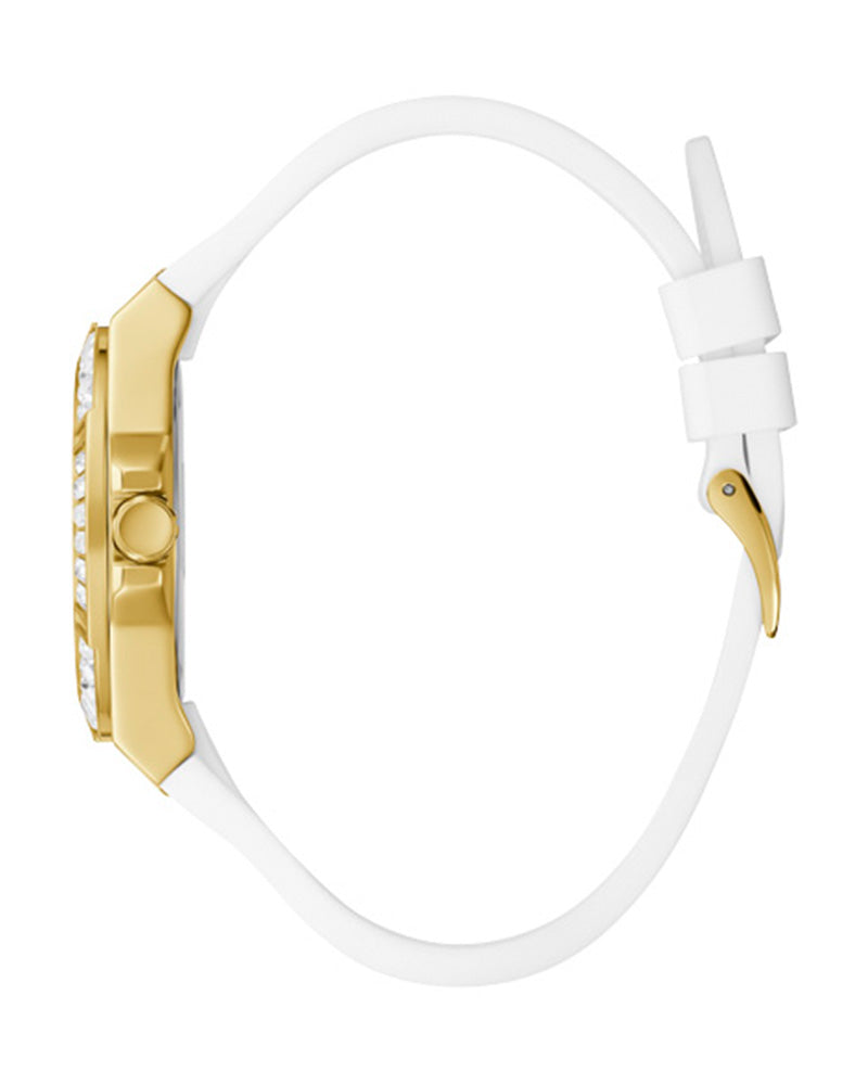 Side view of Guess Venus watch displaying gold case and white silicone strap with buckle