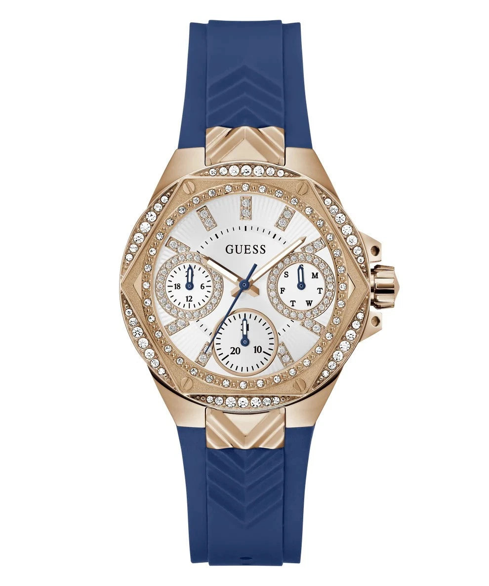 Guess Venus women's watch with rose gold case, diamond bezel, white chronograph dial, and blue strap