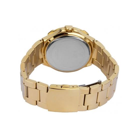 Guess Vista watch caseback showing gold-tone case and bracelet with clasp