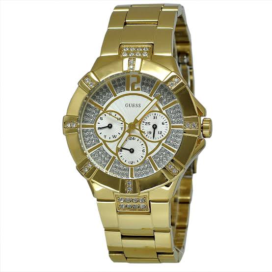 Guess Vista diamond chronograph watch with champagne dial and gold-tone case