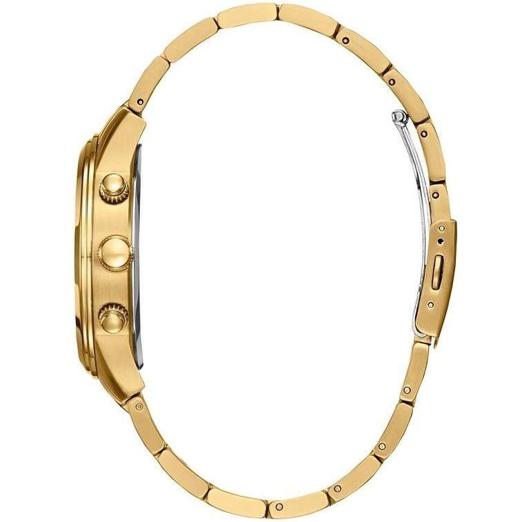 Guess W0075G5 gold chronograph watch at angle showing bracelet and case design