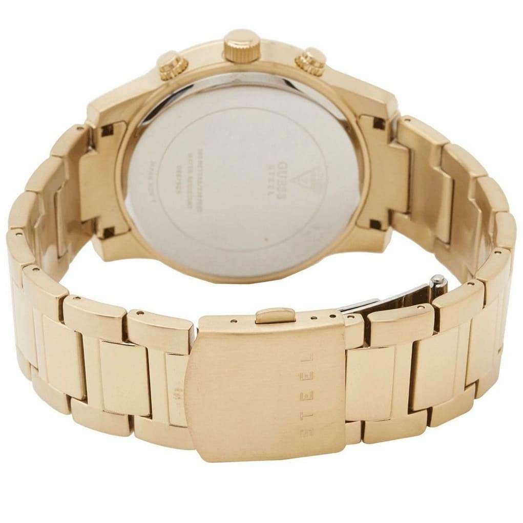 Guess W0075G5 watch caseback showing gold-tone case and link bracelet