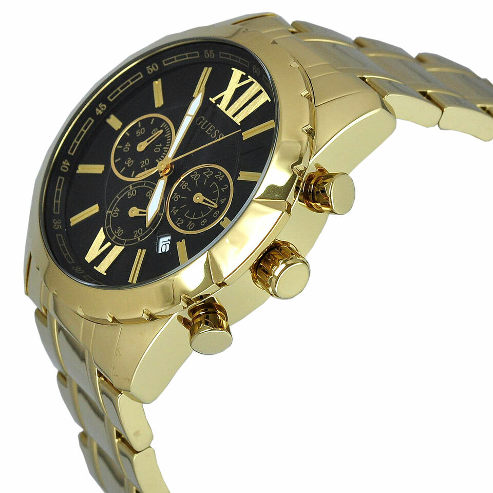 Guess W0193G1 angled view showing gold bracelet, black dial, and chronograph subdials