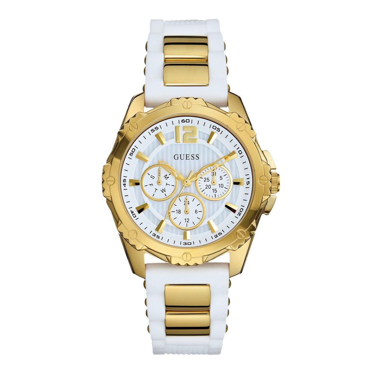 Guess women's watch with gold case, white dial with three chronograph subdials, and white silicon strap