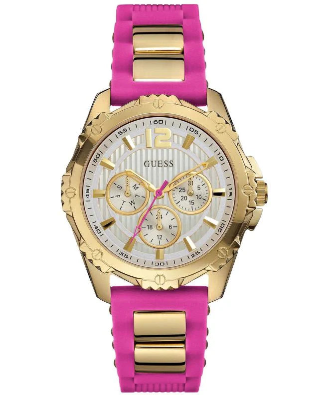 Guess pink and gold silicone strap women's watch with gold case and chronograph dial