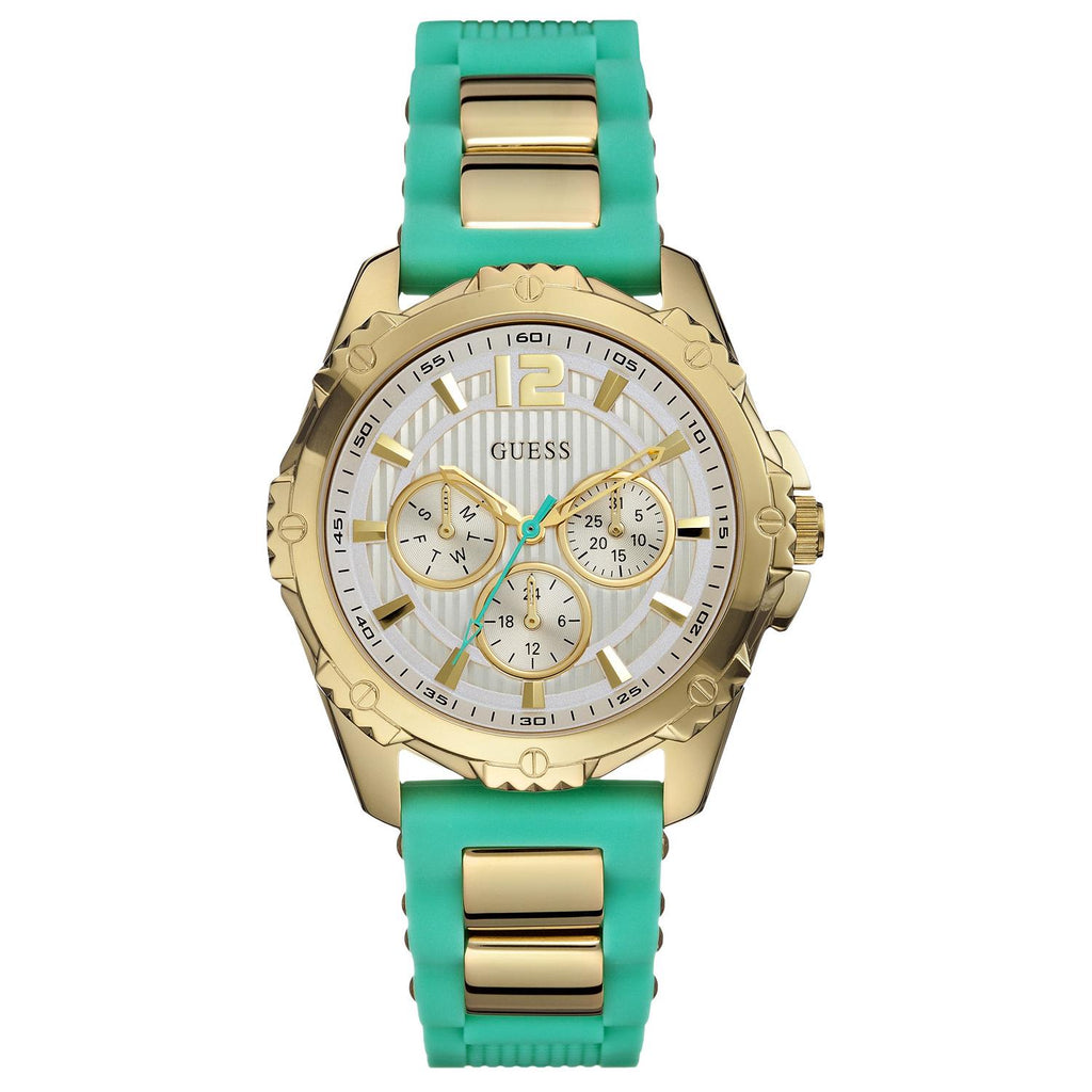 Guess women's watch with turquoise silicone and gold-tone case, white chronograph dial