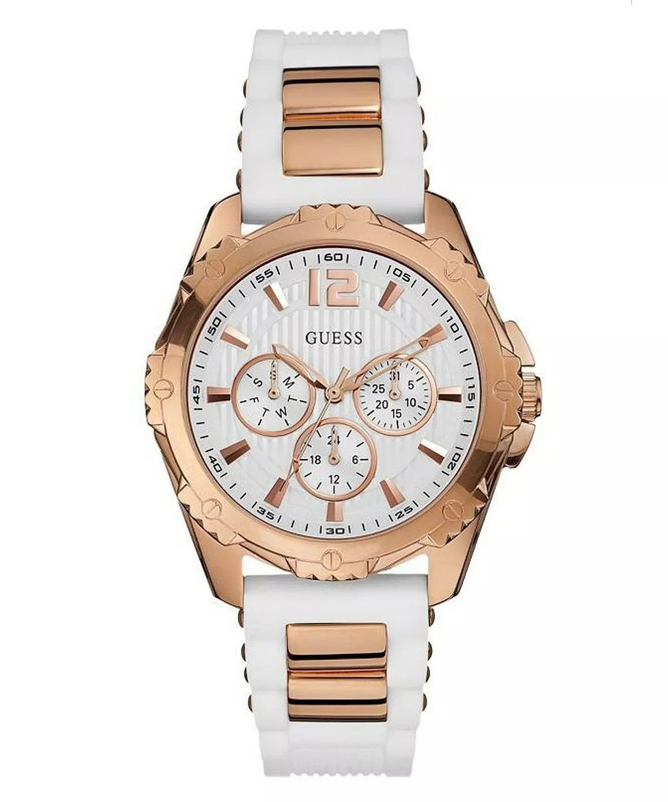 Guess rose gold multifunction women's watch with white dial and white silicone strap