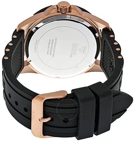 Guess W0366G3 watch caseback showing silver dial and rose gold case lugs with black strap