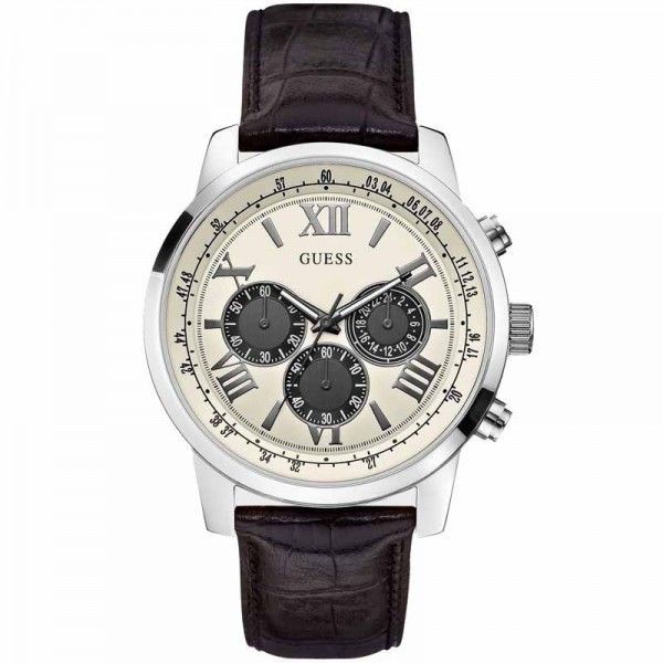 Guess men's chronograph watch with white dial and black leather band, front view