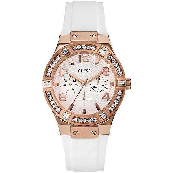 Guess W0426L1 rose gold case with crystal bezel and white silicon strap front view