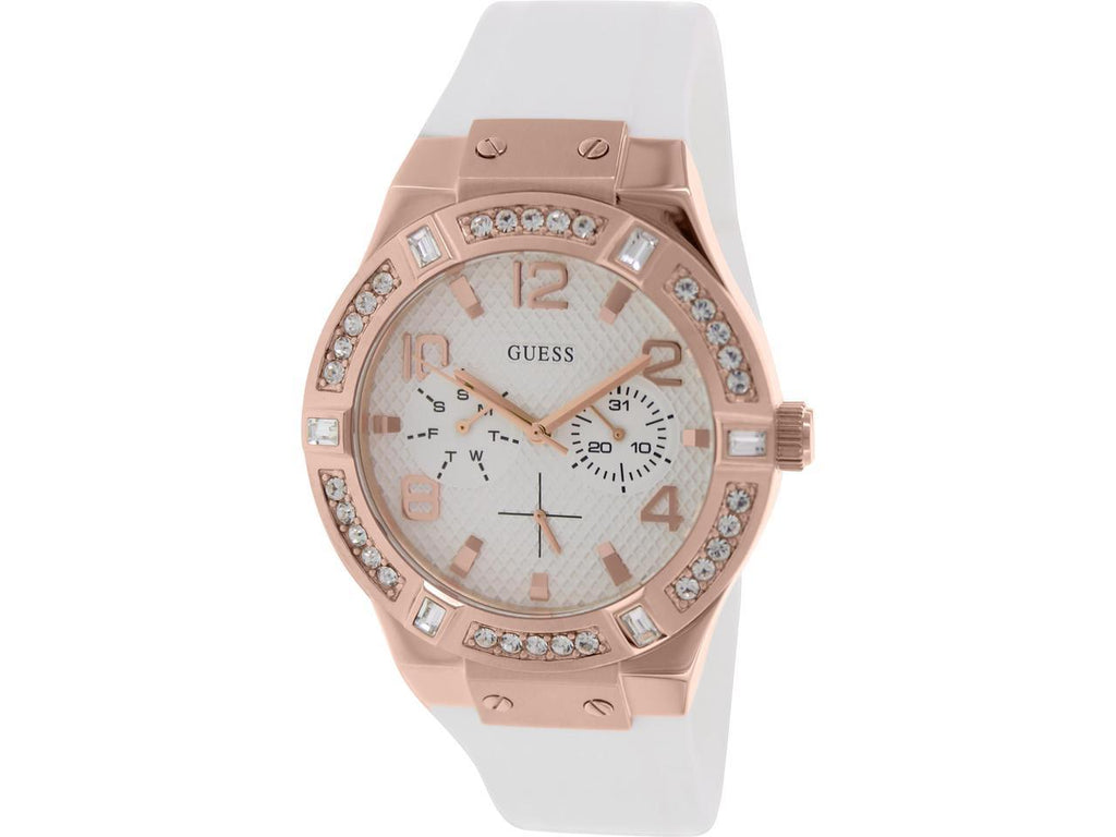 Guess rose gold women's watch with white silicon strap and crystal-embellished bezel