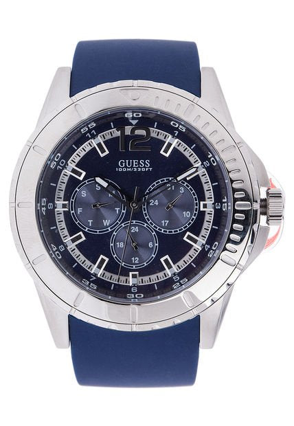 Guess W0485G3 chronograph watch angled view showing blue dial and silver case