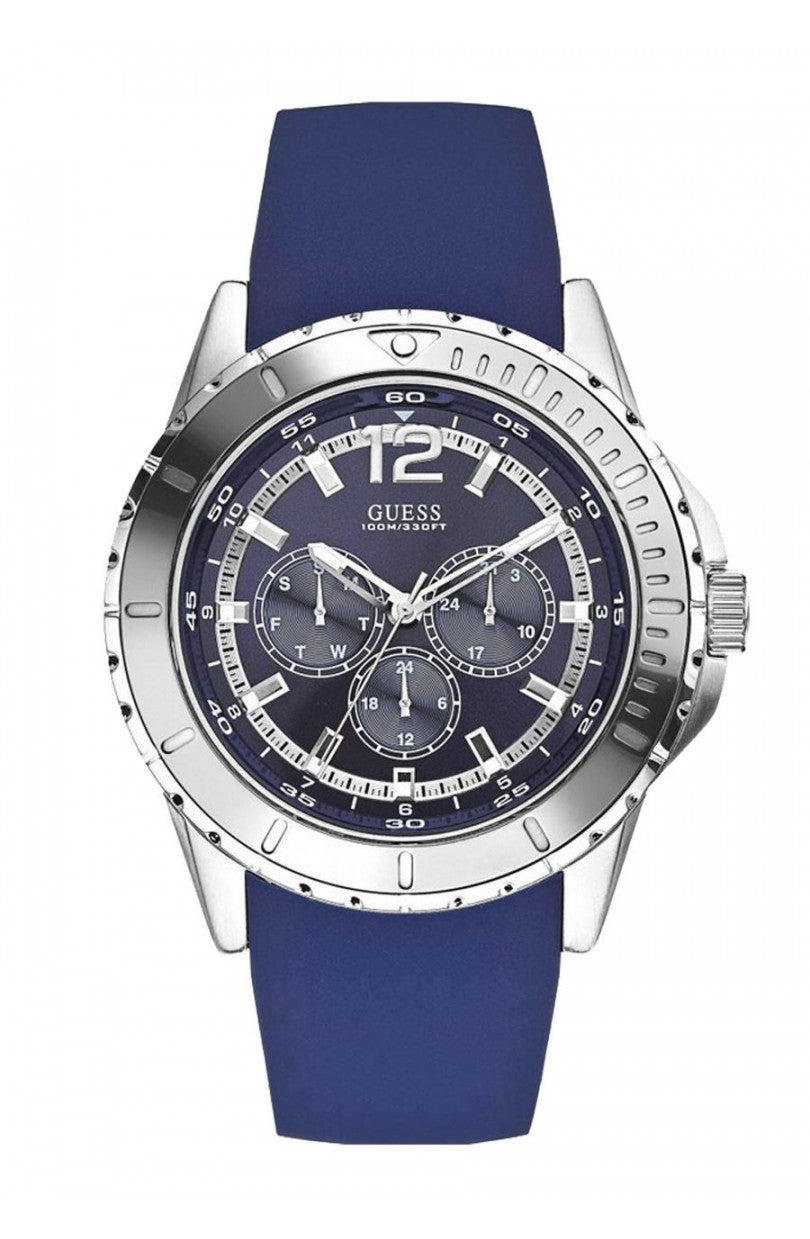 Guess W0485G3 men's watch with blue silicon strap and silver chronograph case