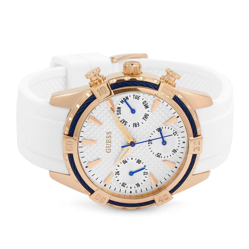 Angled view of Guess W0562L1 chronograph watch on white rubber strap