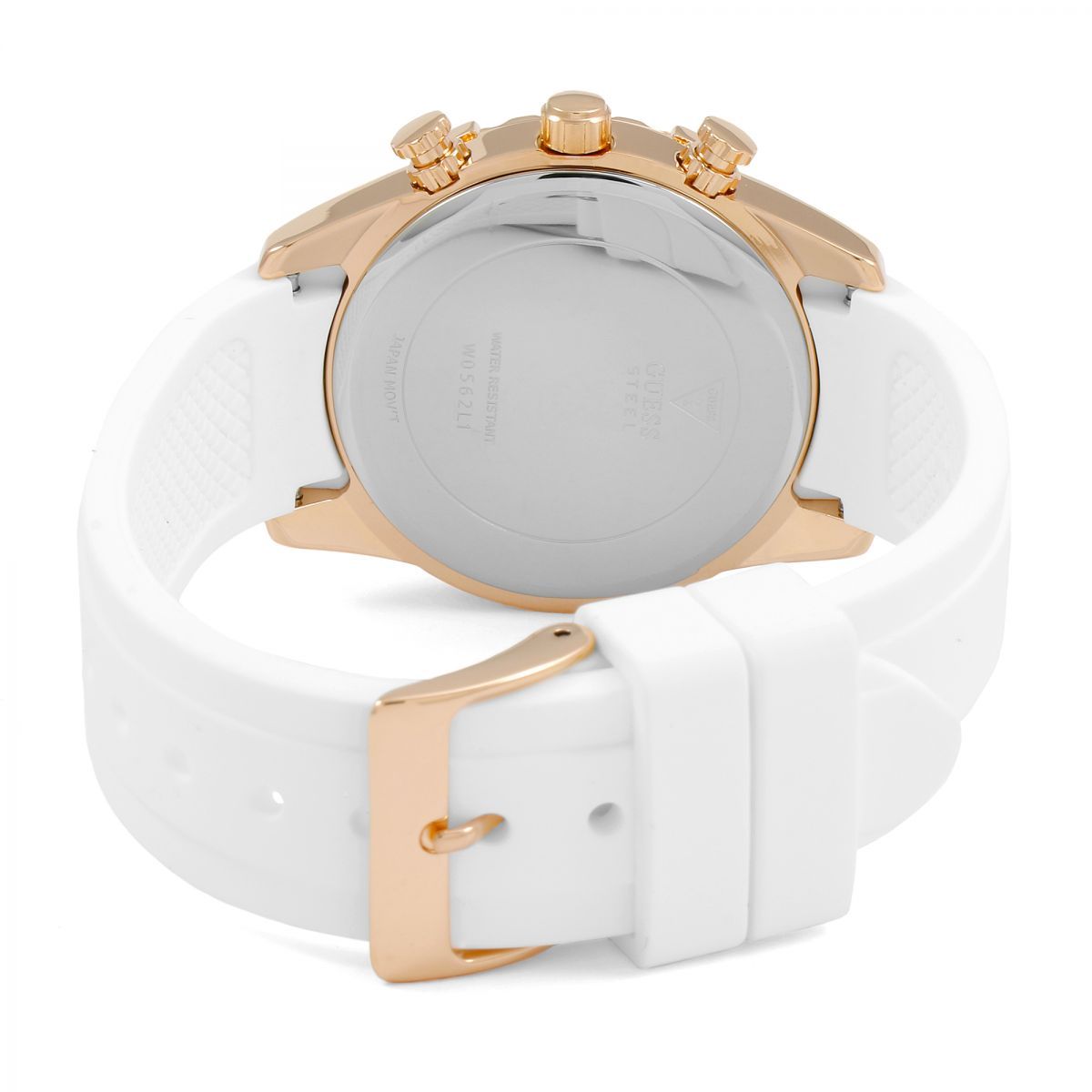 Caseback view of Guess W0562L1 watch showing rose gold case back