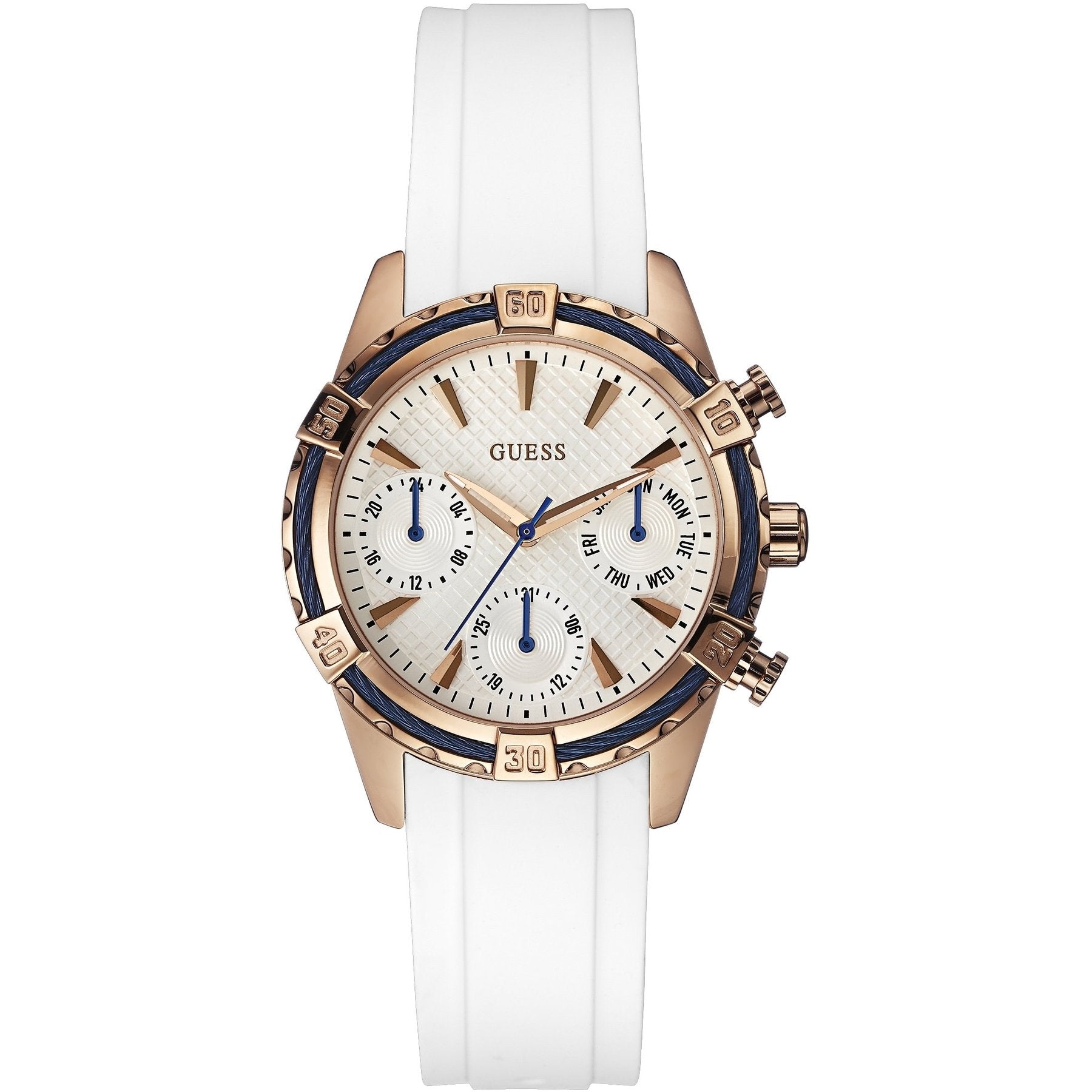 Guess W0562L1 ladies watch with white dial, rose gold case, and white rubber strap