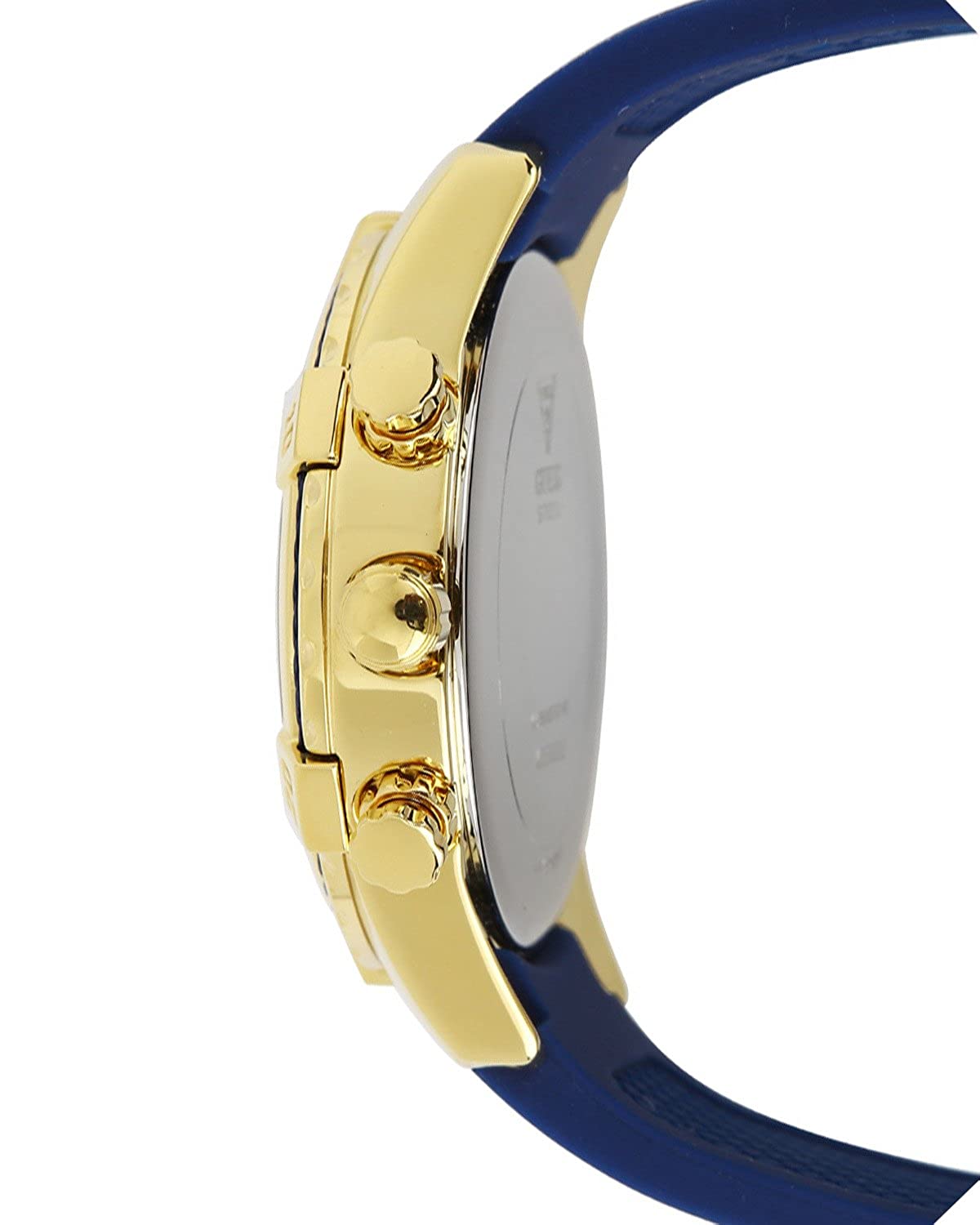 Side profile of Guess W0562L2 with gold-tone case and blue silicone strap