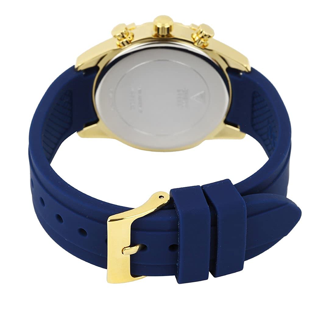 Caseback view of Guess W0562L2 women's watch with blue strap and gold-tone case